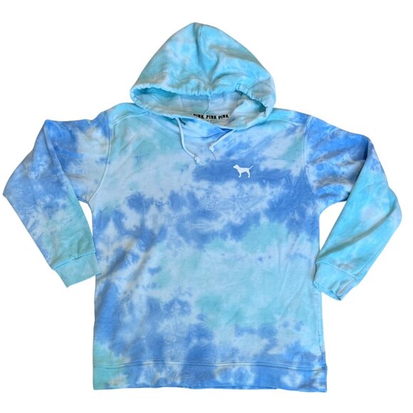 Victoria's Secret PINK Sz Medium Campus Funnel Neck Pullover Hoodie Blue Tie-Dye - Picture 5 of 14